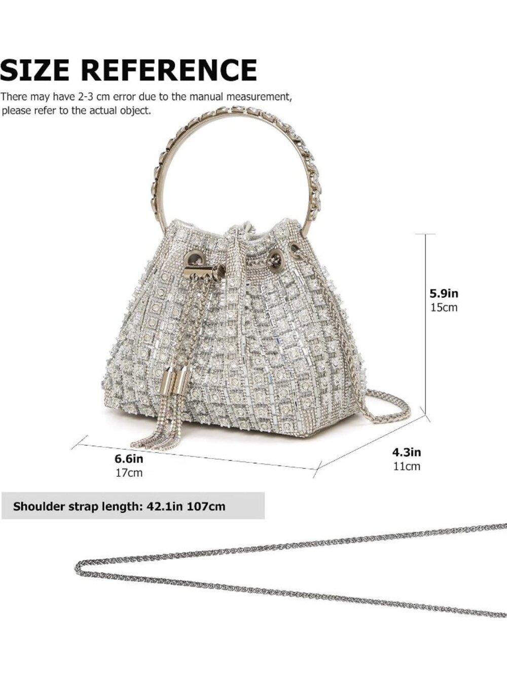 Women's Silver Sparkly Rhinestone Clutch Purse Bucket Evening Bag with Chain - Picture 6 of 6